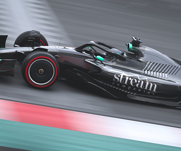 Stream Companies branded formula car racing on track beating the clock