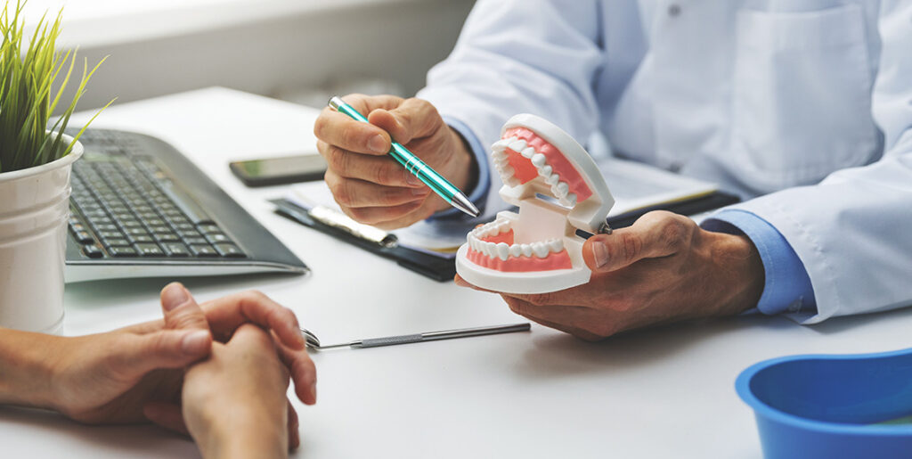 dentist pointing at fake mouth